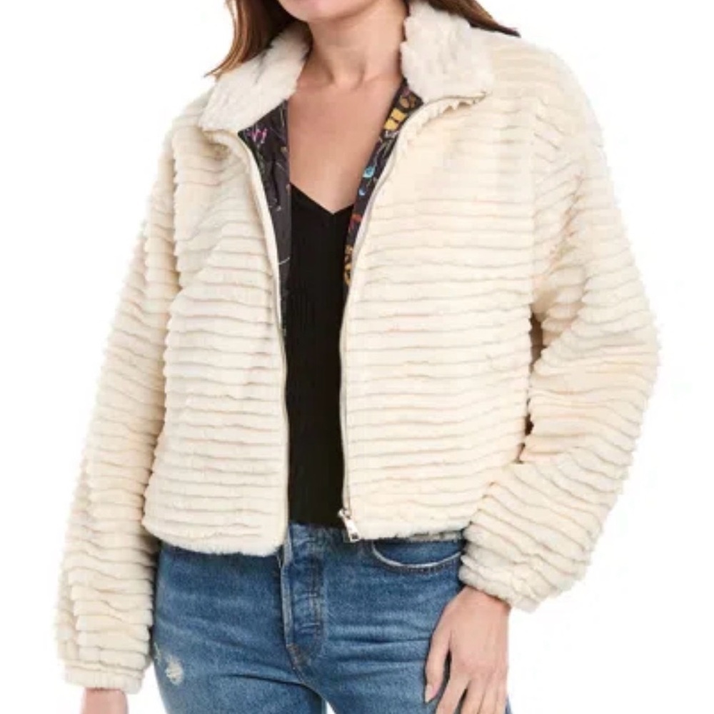 Jason Wu Stand Collar Faux Fur Jacket Women’s Large Cream Textured Zipper New